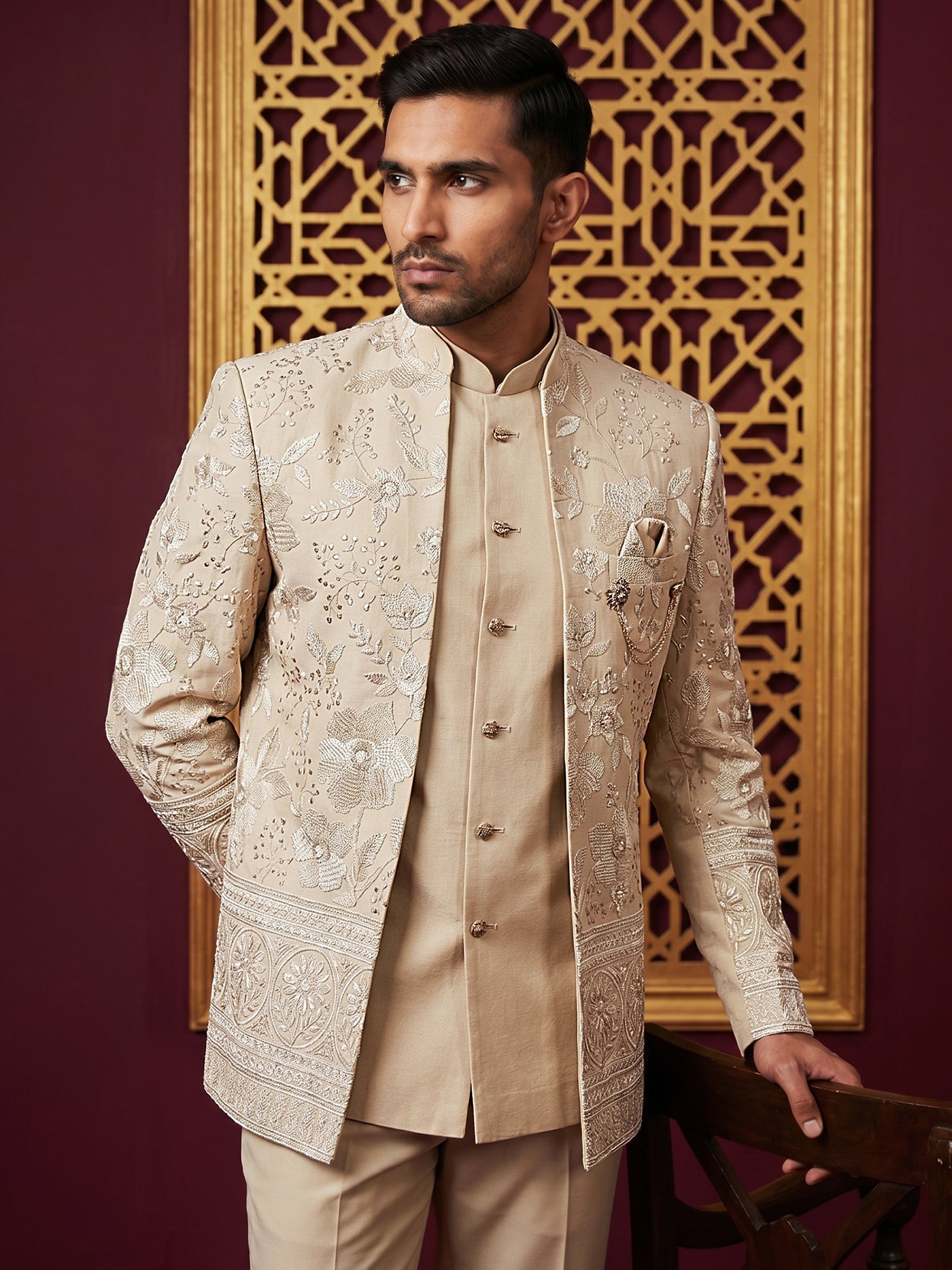 Silk Blend Floral Embroidered Indo-Western Set