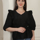 Black Solid Women's Top With Frills