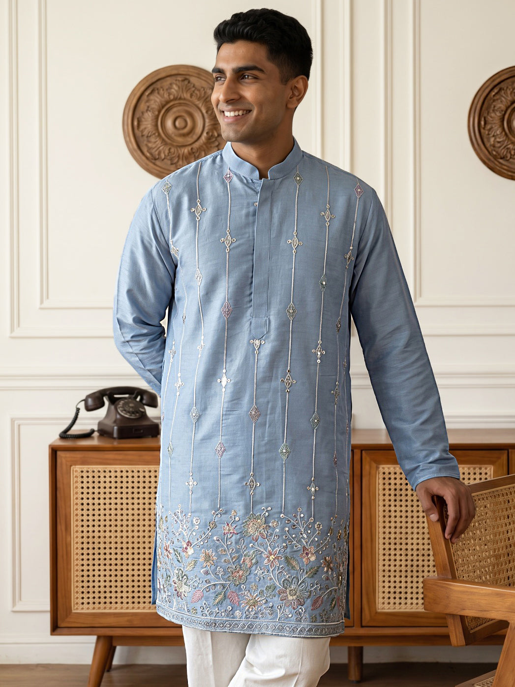 Men's Silk-Blend Embroidered Kurta ( 65KO 5637 Sky )