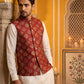 Men's Maroon Printed Nehru Jacket With Solid Kurta Pyjama ( JOKPWC 592W 4032Maroon )