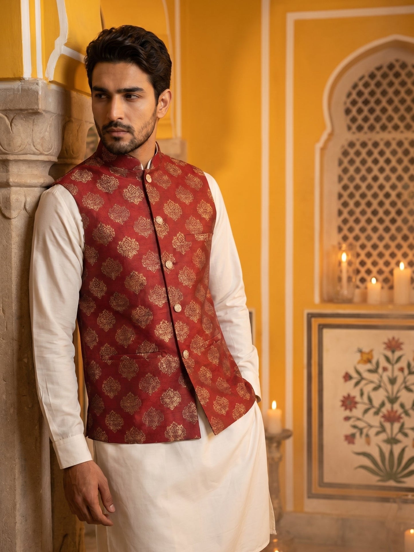 Men's Maroon Printed Nehru Jacket With Solid Kurta Pyjama ( JOKPWC 592W 4032Maroon )