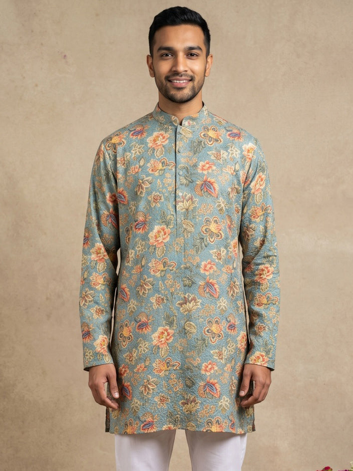 Floral Print & Thread Work Kurta for Men ( 65KO 5631 Blue )