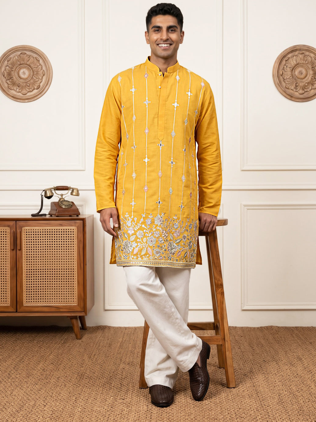 Men's Silk-Blend Embroidered Kurta with Korean Pants ( 65KP PJ11W S 5637 Mustard )