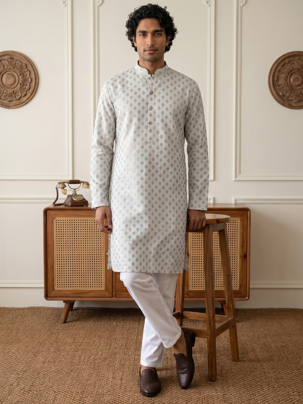 Men's Foil Print Traditional Kurta Pyjama ( 65KP W F 5642 White )