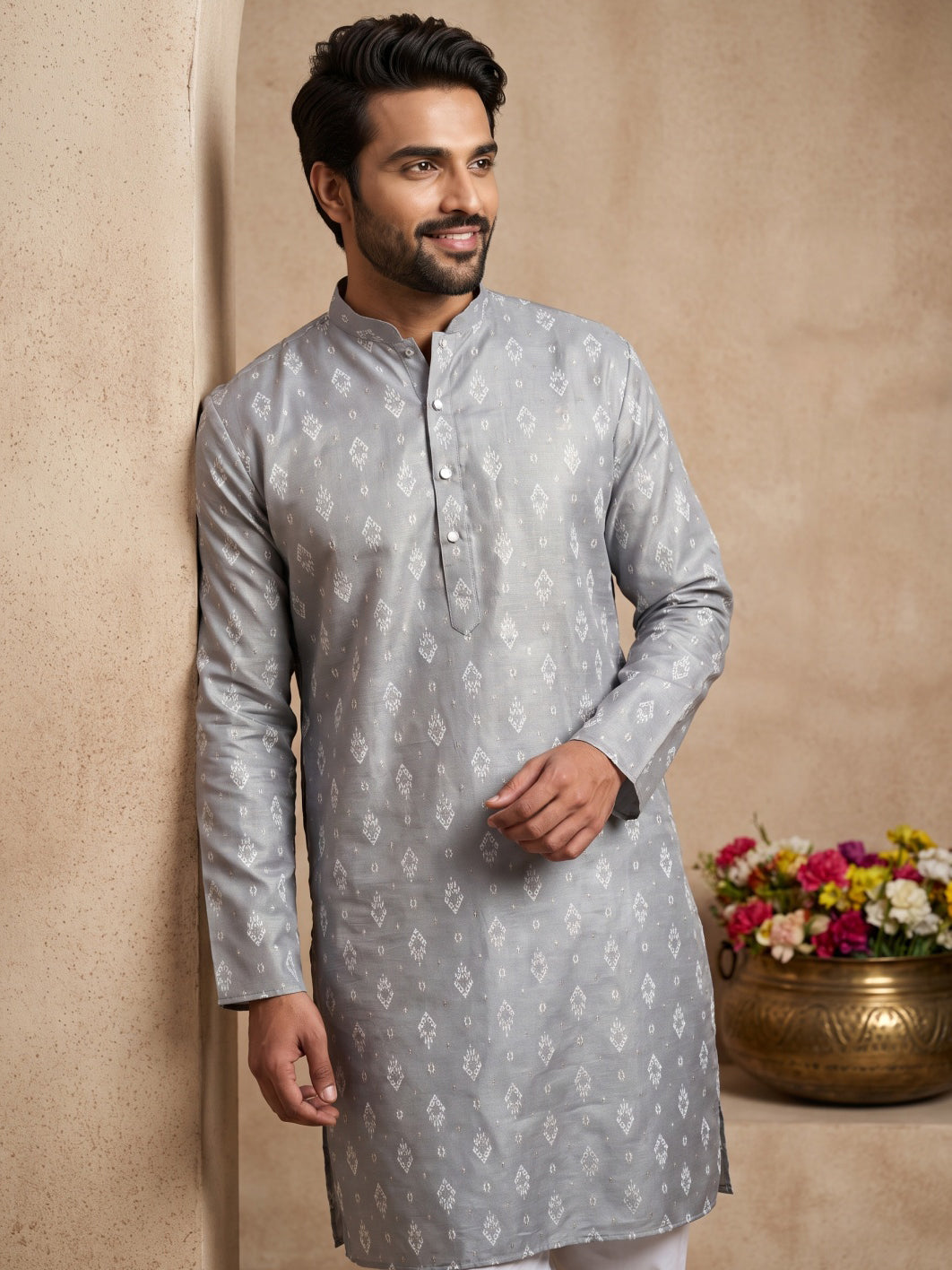 Men's Foil Print Traditional Kurta ( 65KO 5630 Grey )
