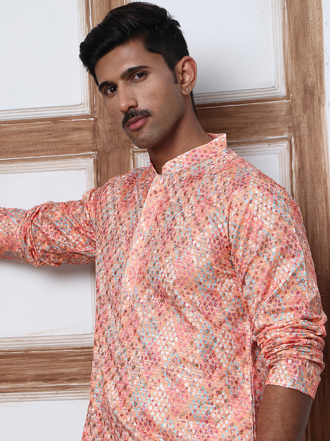 Men's Festive Sequins & Thread Work Kurtas ( ANMKO 288Peach )  [RT] [C-3]