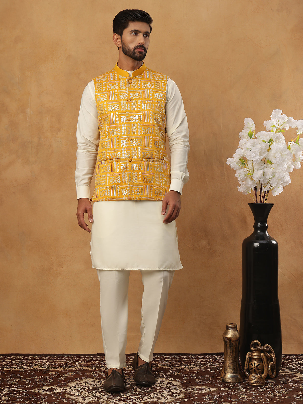 Embroidered Nehru Jacket Set with Solid Kurta Pyjama (65KPWC 592W 4150 Mustard )