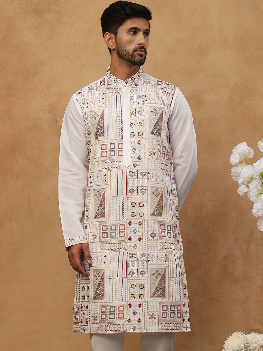 Men Festive Silk Blend Embroidered Kurta ( HOPKO 002White )  [RT] [O-1]