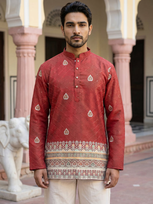 Men's Cotton Blend Printed Kurta ( 65KO 5589Red ) [FF] [H-6]