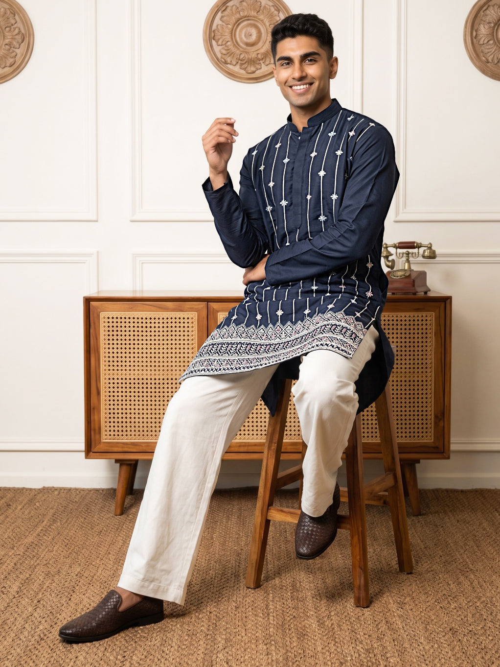 Men's Silk-Blend Embroidered Kurta with Korean Pants ( 65KP PJ11W S 5627 Navy )