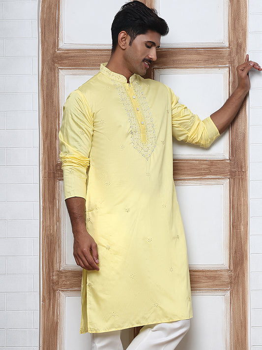 Embroidered Silk-Blend Kurtas ( ANMKO 292Yellow )