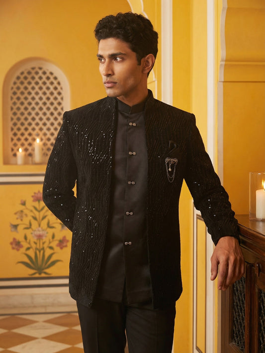 Men’s Embroidered Indo-Western Set ( 50JIND 132Black S )