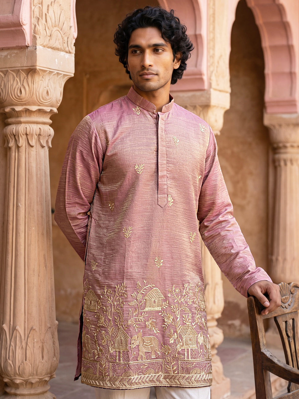 Silk Blend Embroidered Kurta for Men ( 65KO 5632 Peach )