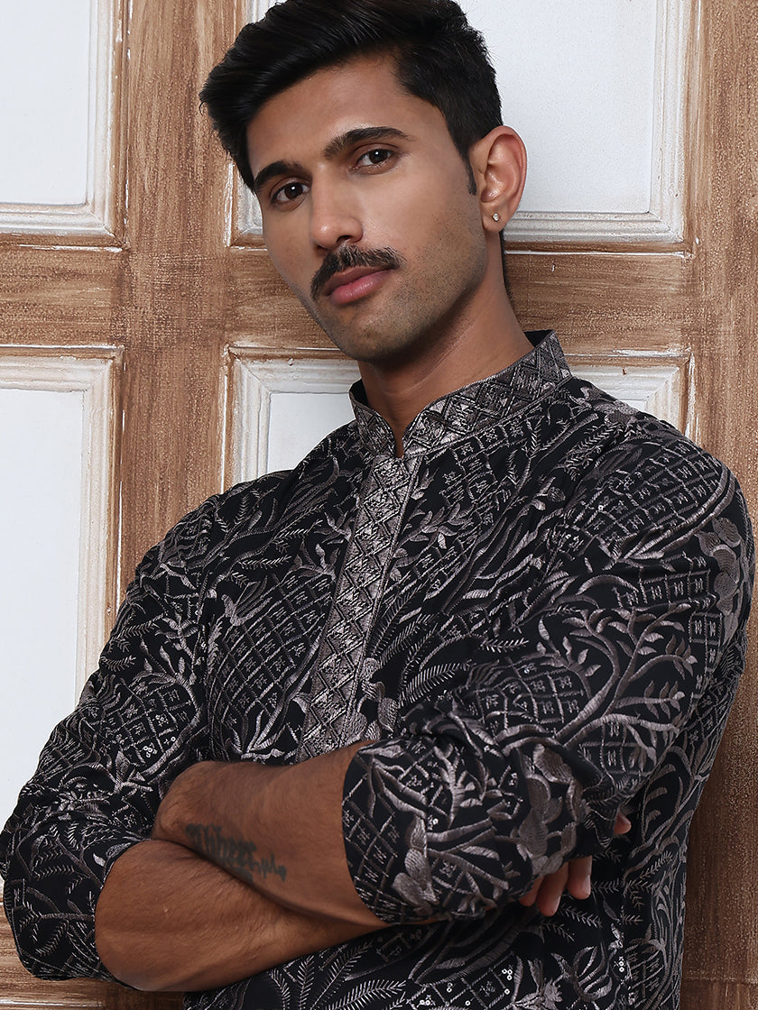 Embroidered Silk-Blend Kurtas ( ANMKO 289Black )  [RT] [H-5]