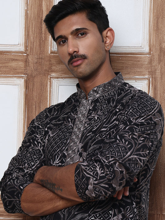Embroidered Silk-Blend Kurtas ( ANMKO 289Black )  [RT] [H-5]