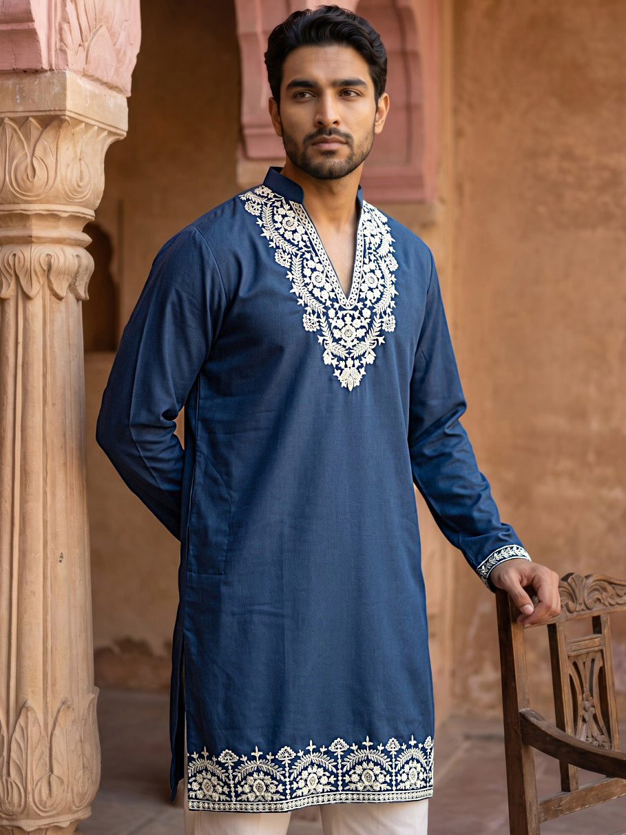 Cotton Blend Embroidered Kurta for Men ( 65KO 5634 Peacock )