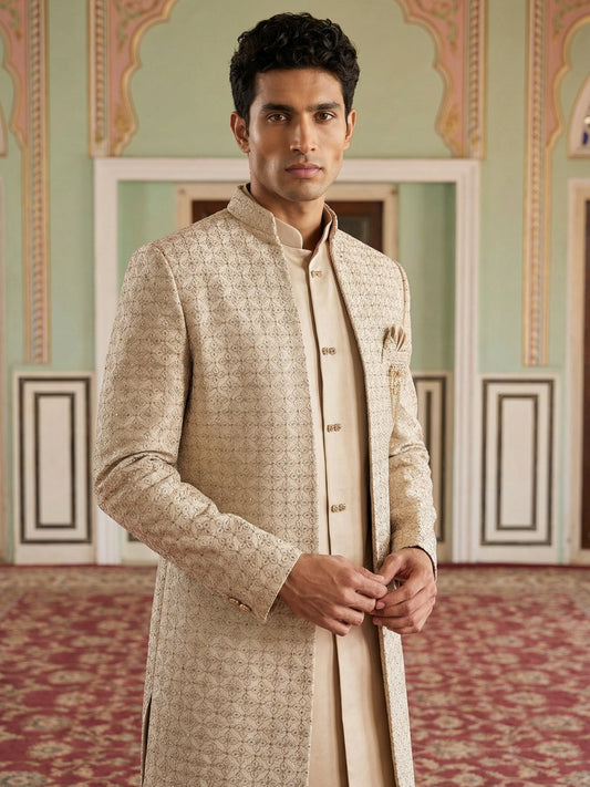 Men’s Embroidered Indo-Western Set ( 50JIND 131Cream S )