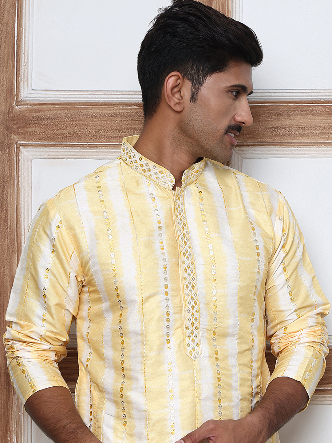 Men Silk Blend Festive Embroidered Kurtas ( ANMKO 299Yellow )  [RT] [C-2]