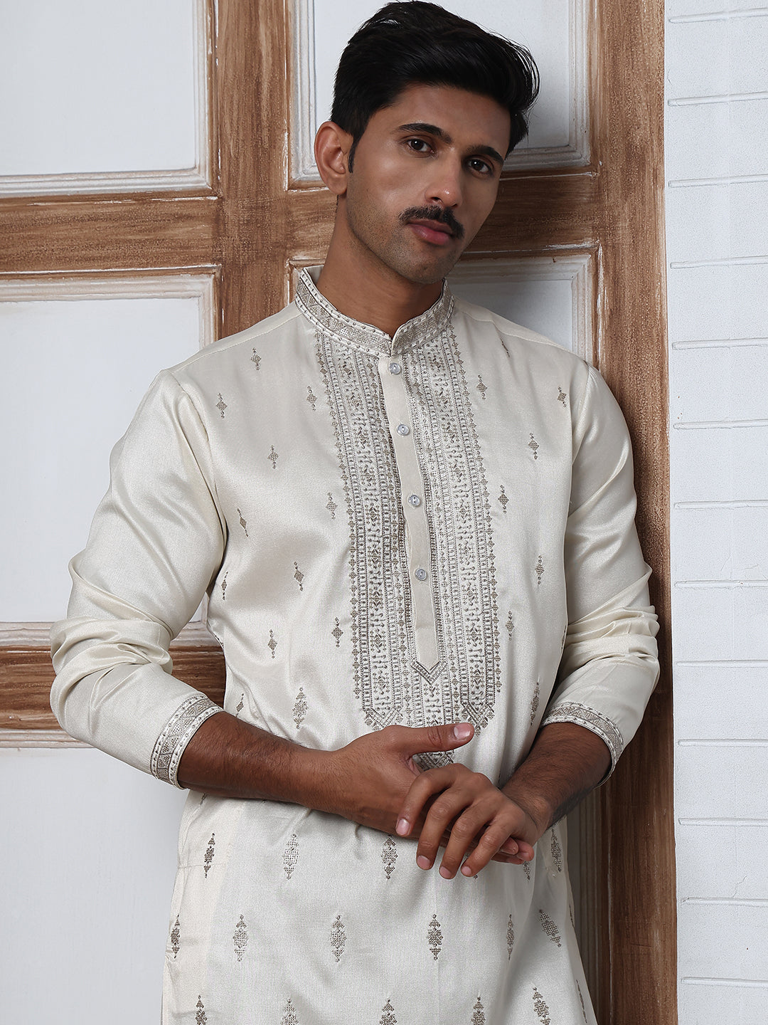 Silk Blend Ethnic Embroidered Kurtas ( ANMKO 296Off-White )