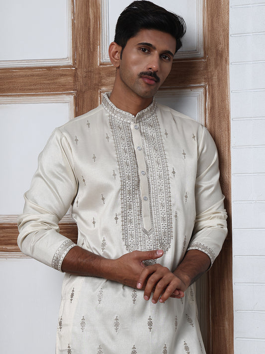 Silk Blend Ethnic Embroidered Kurtas ( ANMKO 296Off-White )
