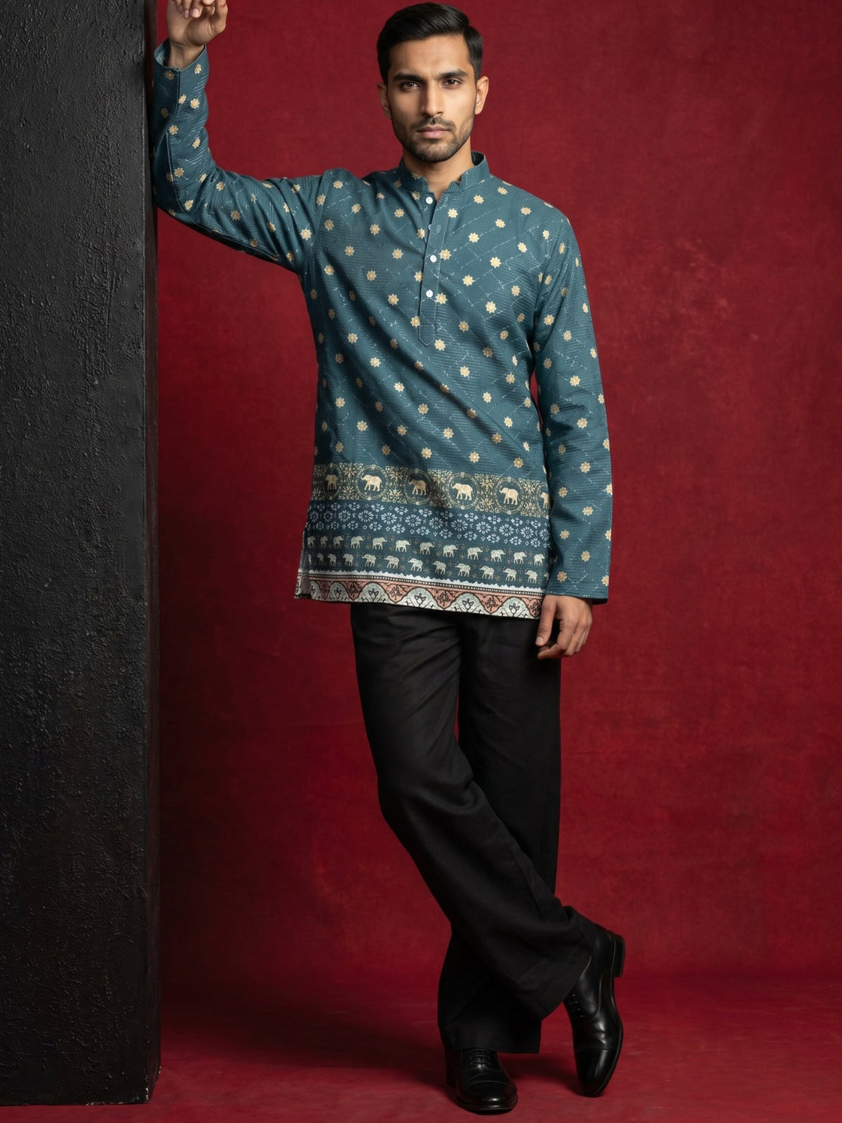 Men's Cotton Blend Printed Kurta with Korean Pants Set ( 65KP PJ11B 5593Teal ) [FF] [H-9]