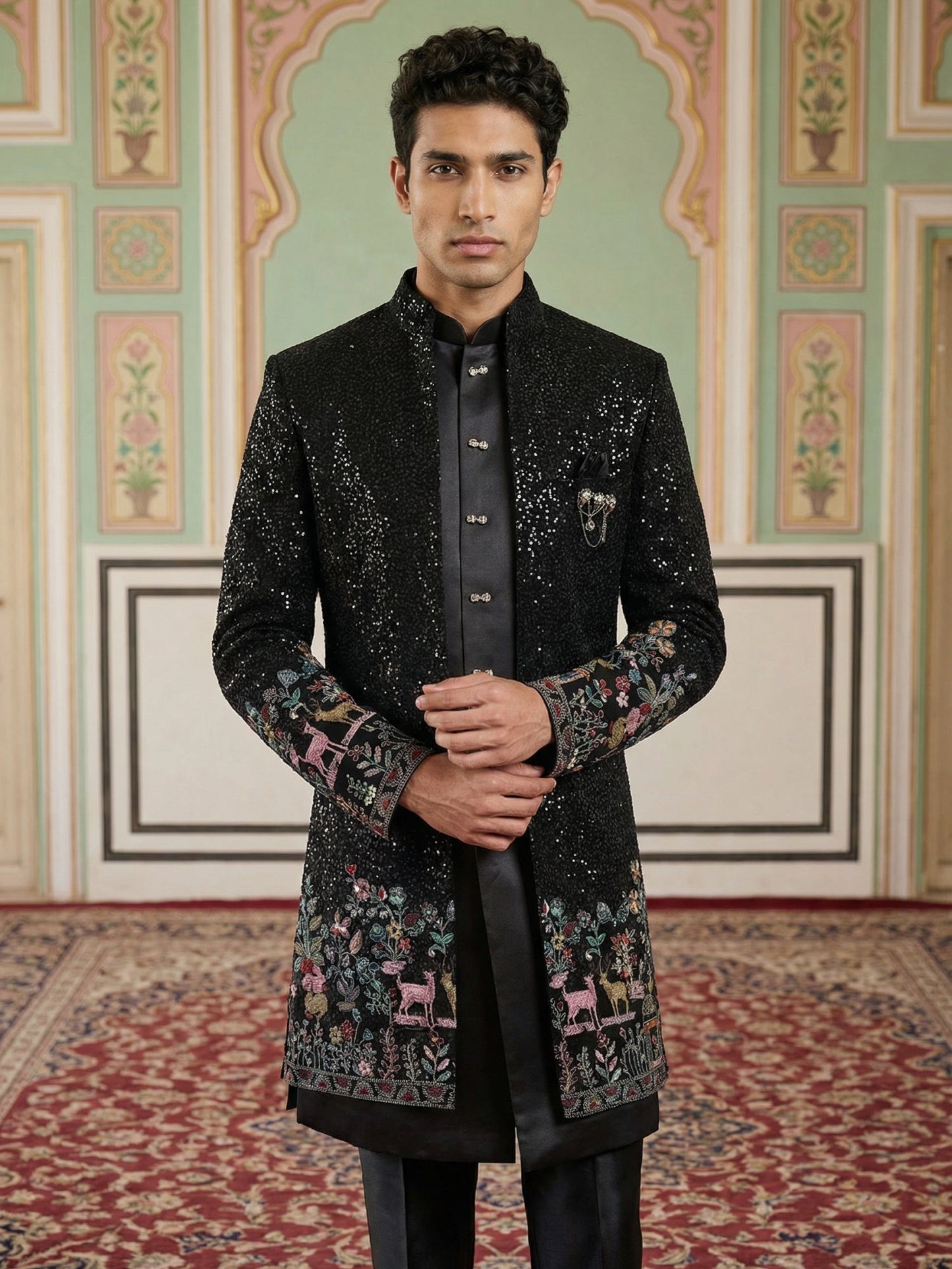 Men’s Black Heavily Embroidered Indo-Western Set ( 50JIND 127Black S )