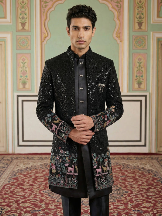 Men’s Black Heavily Embroidered Indo-Western Set ( 50JIND 127Black S )