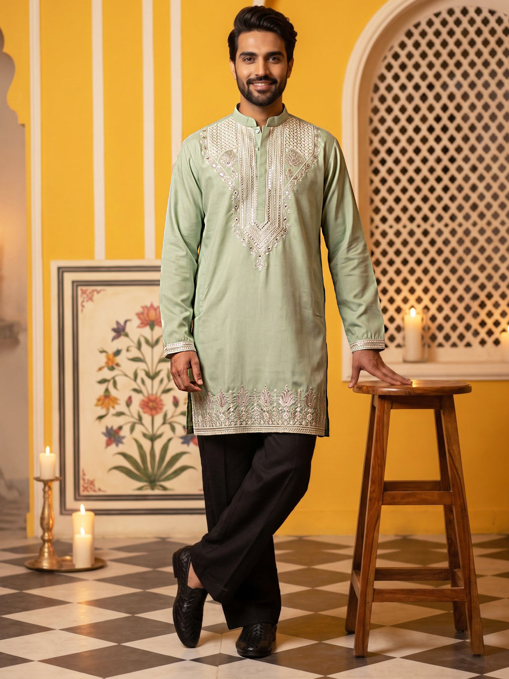 Embroidered Cotton Blend Kurta with Korean Pants ( 65KP PJ11B C 5639 Green )