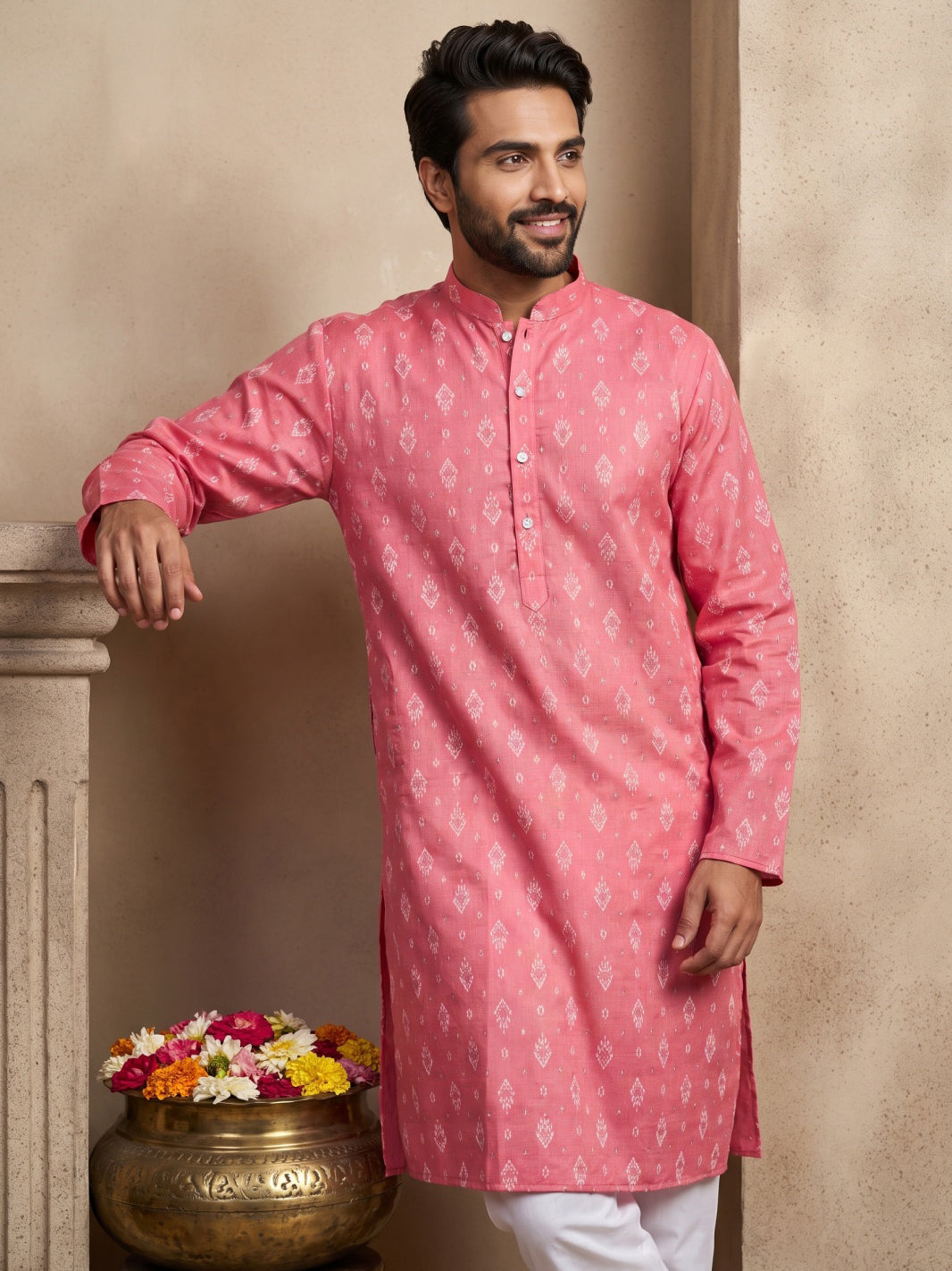 Men's Foil Print Traditional Kurta ( 65KO 5630 Coral )