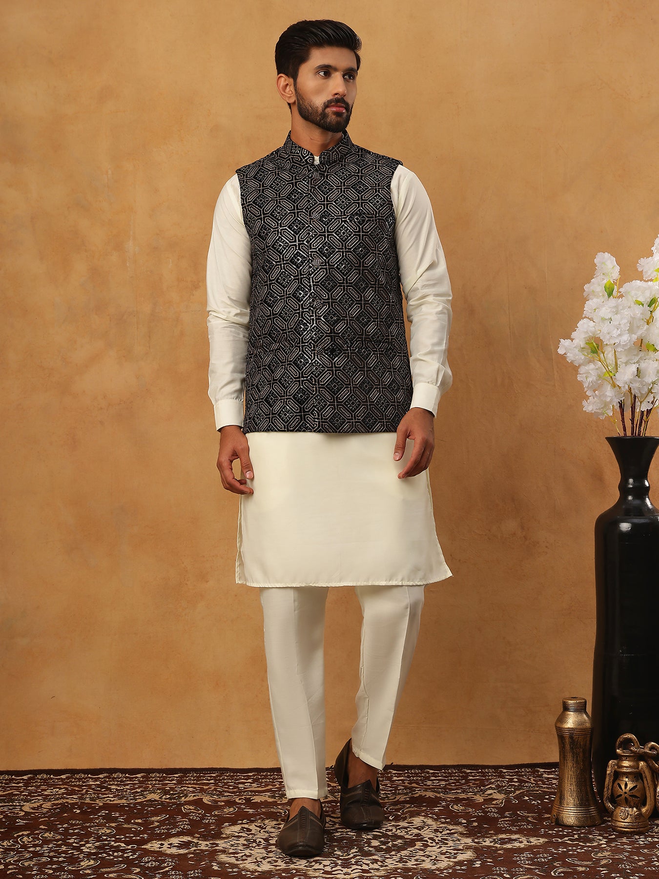 Velvet Embroidered Nehru Jacket Kurta Pyjama Set ( HOPKPWC_592W_7029Black )