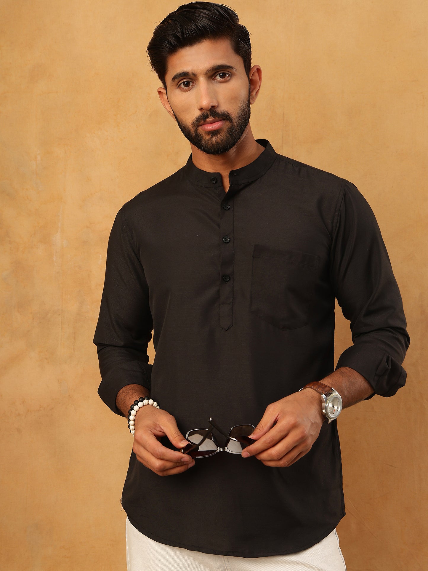 Solid Casual Short Kurta for Men ( ANMKO 304Black )