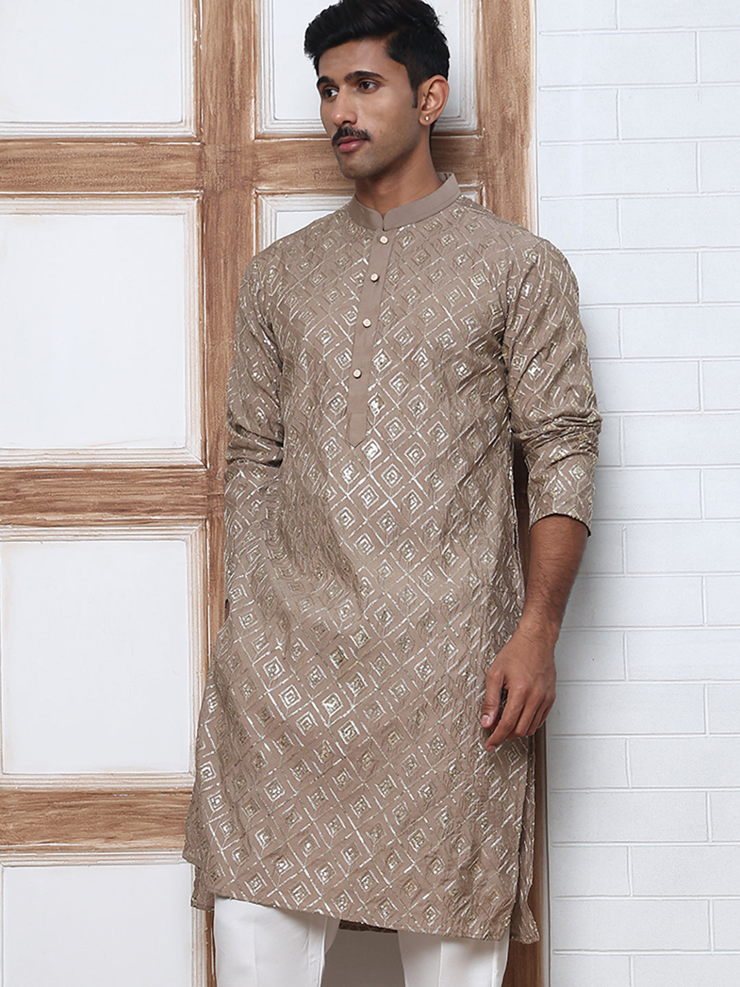Geometric Sequin Pattern Kurtas ( ANMKO 282Brown )  [RT] [L-4]