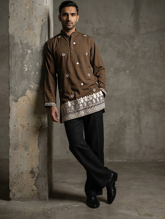Men's Japanese Fabric Embroidered Kurta with Korean Pants Set ( 65KP PJ11B 5594Brown ) [FF] [G-4]
