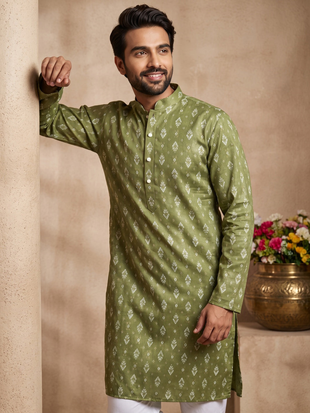 Men's Foil Print Traditional Kurta Pyjama ( 65KP W F 5630 Olive )