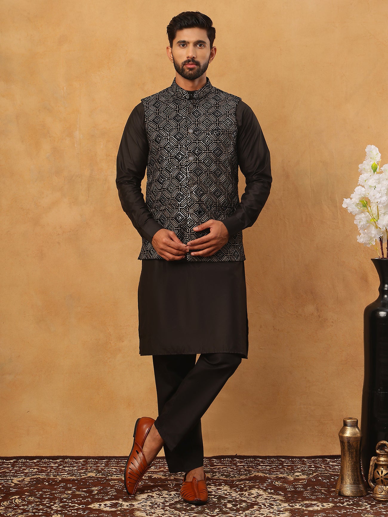 Velvet Embroidered Nehru Jacket Kurta Pyjama Set ( HOPKPWC_592B_7029Black )