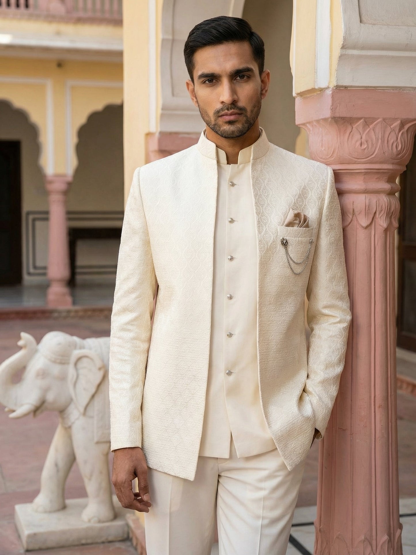 Men Woven Jacquard Indo-Western Set ( 50JIND 155Cream S )