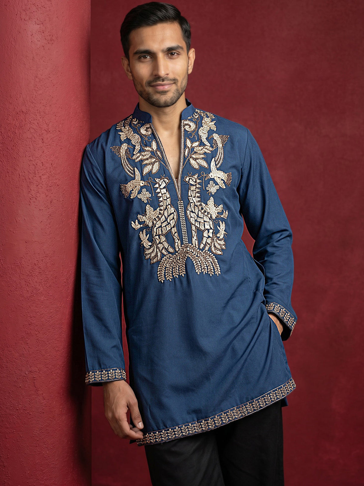 Men's Japanese Fabric Embroidered Kurta ( 65KO 5592Peacock ) [FF] [G-4]