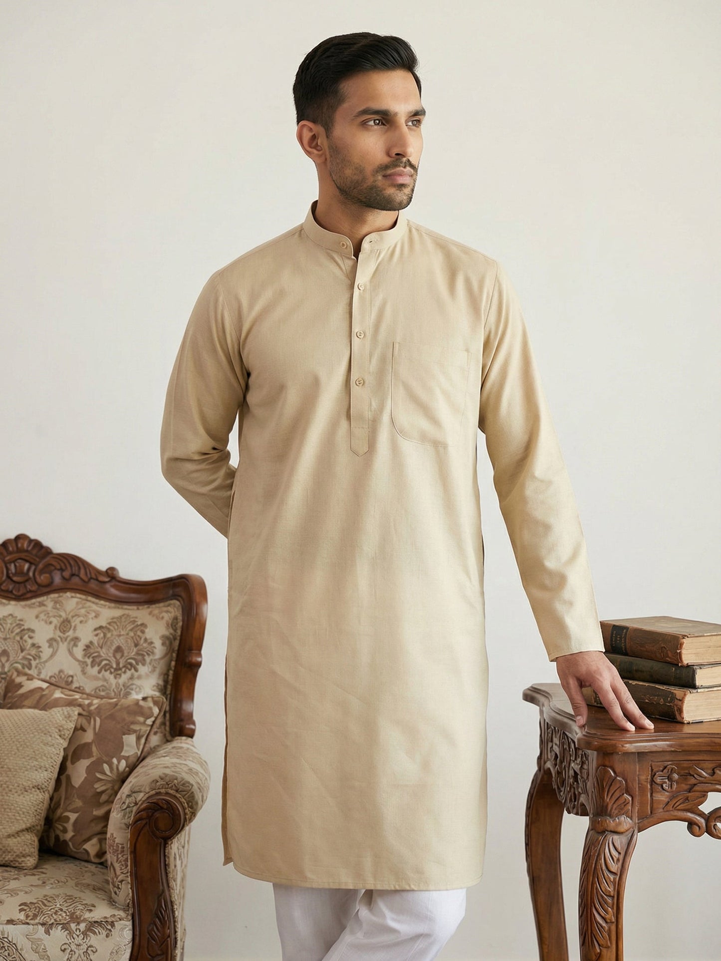 Solid Cotton Kurta for Men ( KO 5144Beige )
