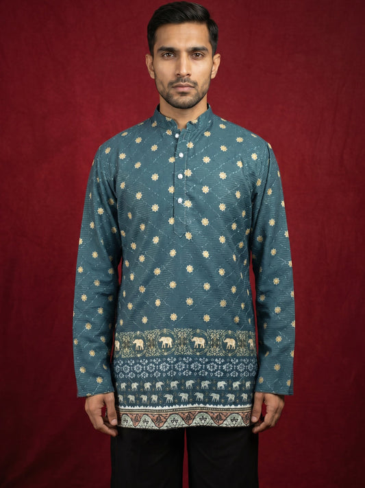 Men's Cotton Blend Printed Kurta ( 65KO 5593Teal ) [FF] [H-9]