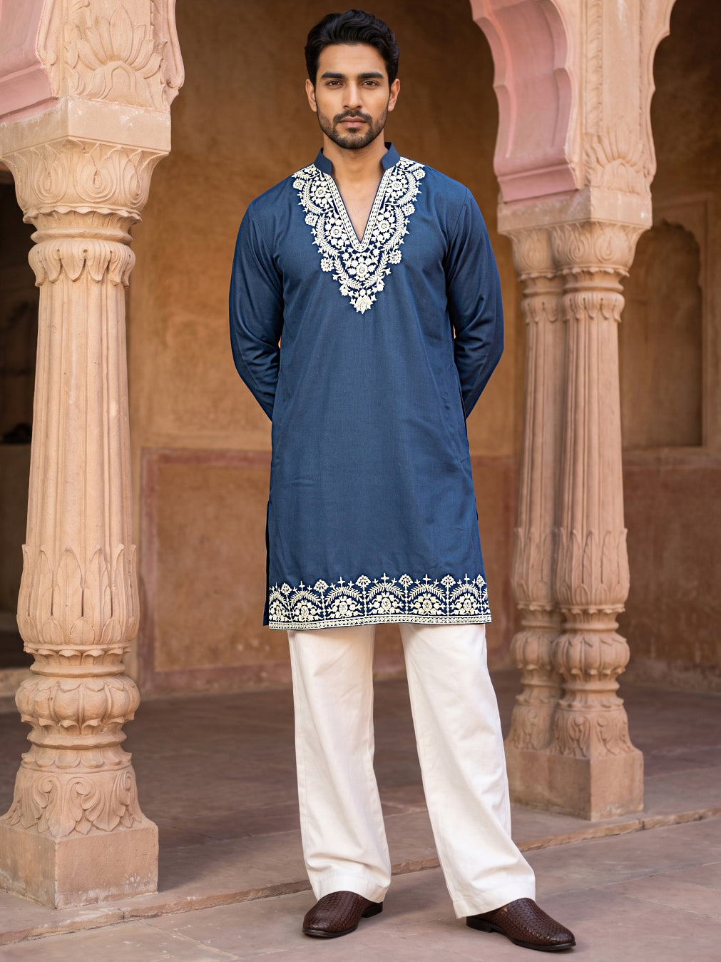Cotton Blend Embroidered Kurta with Korean Pants ( 65KP PJ11W B 5634 Peacock )