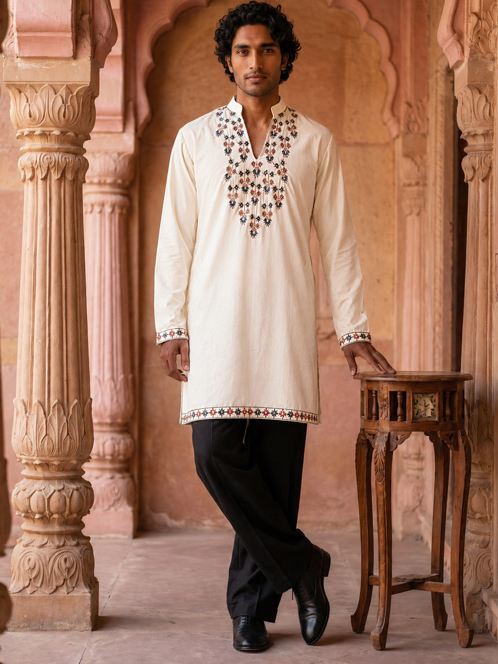 Japanese Fabric Designer Embroidered Kurta With Korean Pants ( 65KP PJ11B F 5633 White )