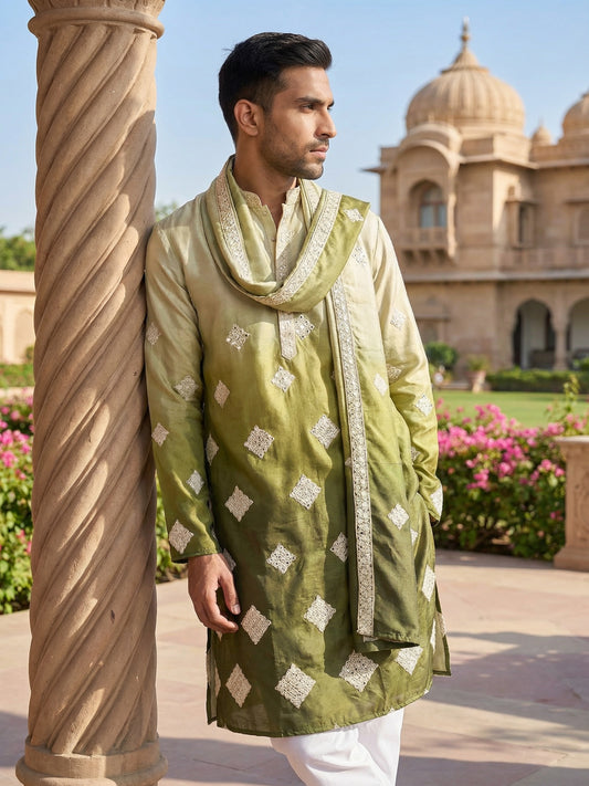 Embroidered Silk Blend Kurta with Dupatta ( HOPKO D 023Pista )