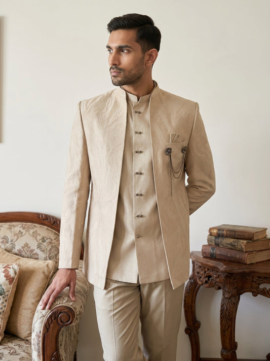 Men's Cotton Blend Embroidered Indo-Western Set ( 50JIND 218Beige )