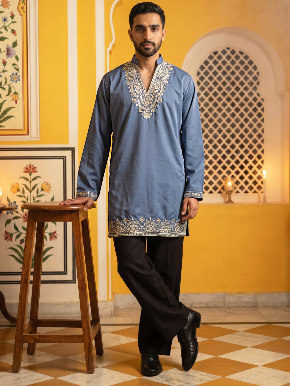 Cotton Blend Embroidered Kurta with Korean Pants ( 65KP PJ11B B 5634 Blue )