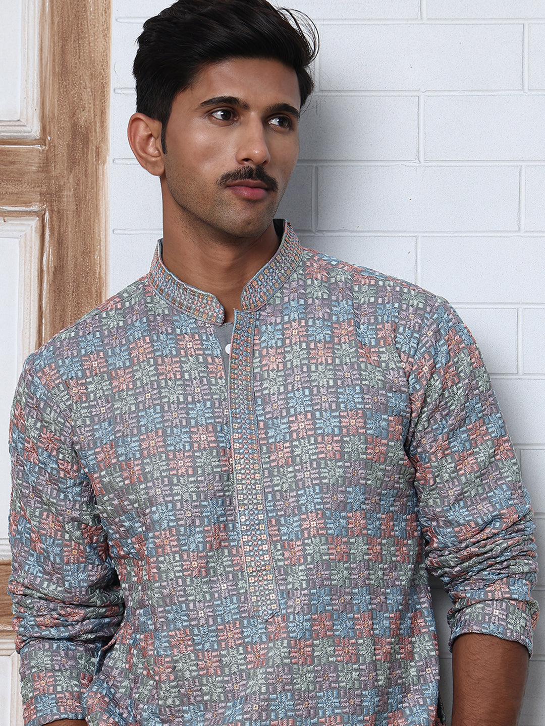 Viscose Rayon Self-Design Embroidered Kurtas ( ANMKO 278Grey )  [RT] [M-6]
