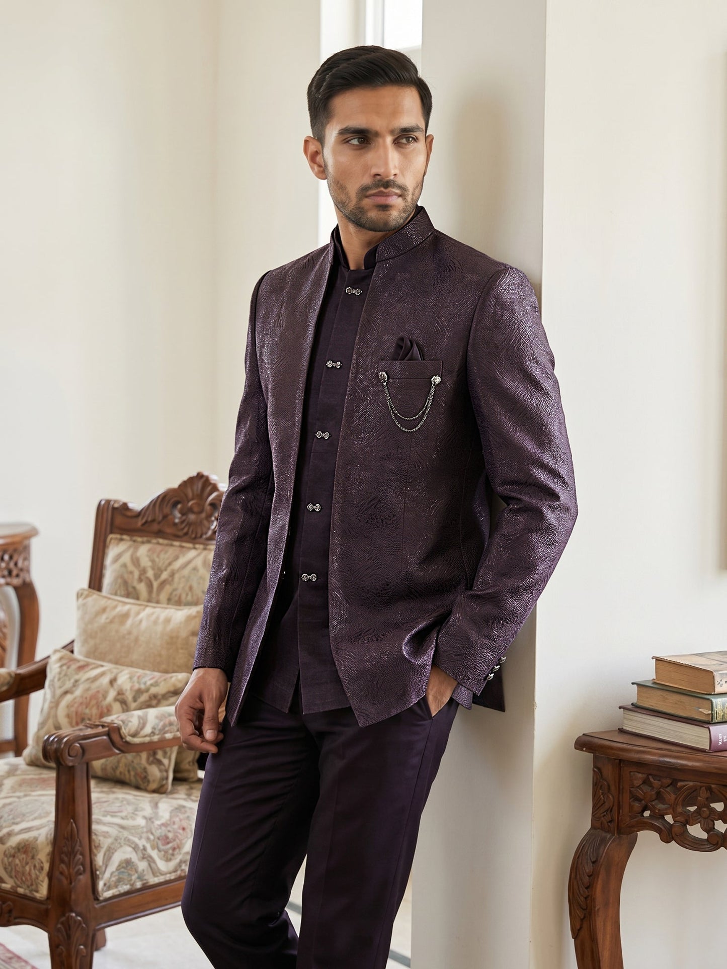 Men's Woven Design Indo-Western Set