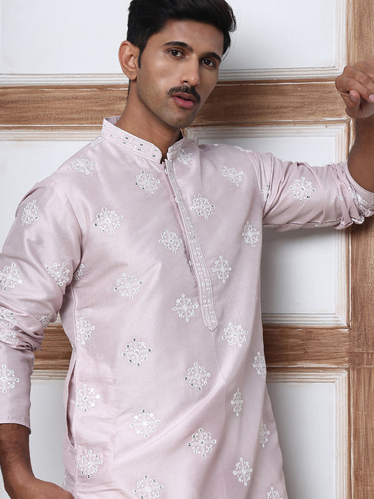 Men's Silk Blend Mirror & Thread Work Kurtas ( ANMKO 287Lavender )  [RT] [D-4]