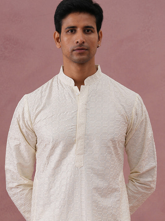 Silk Blend Embroidered Kurtas ( ANMKO 301Cream )  [RT] [L-6]