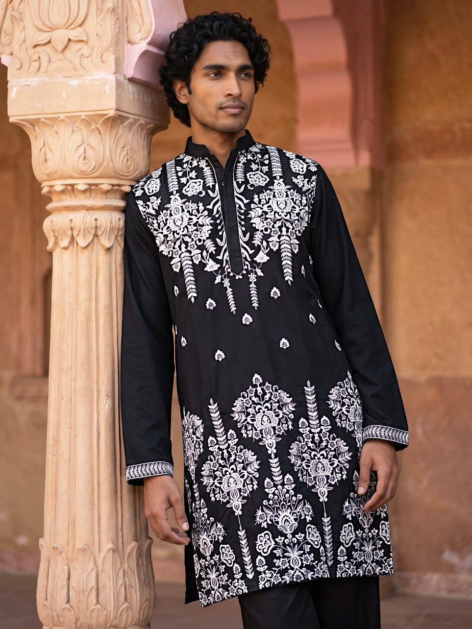 Embroidered Cotton Blend Kurta with Korean Pants ( Z JKP PJ11B C 5636 Black )