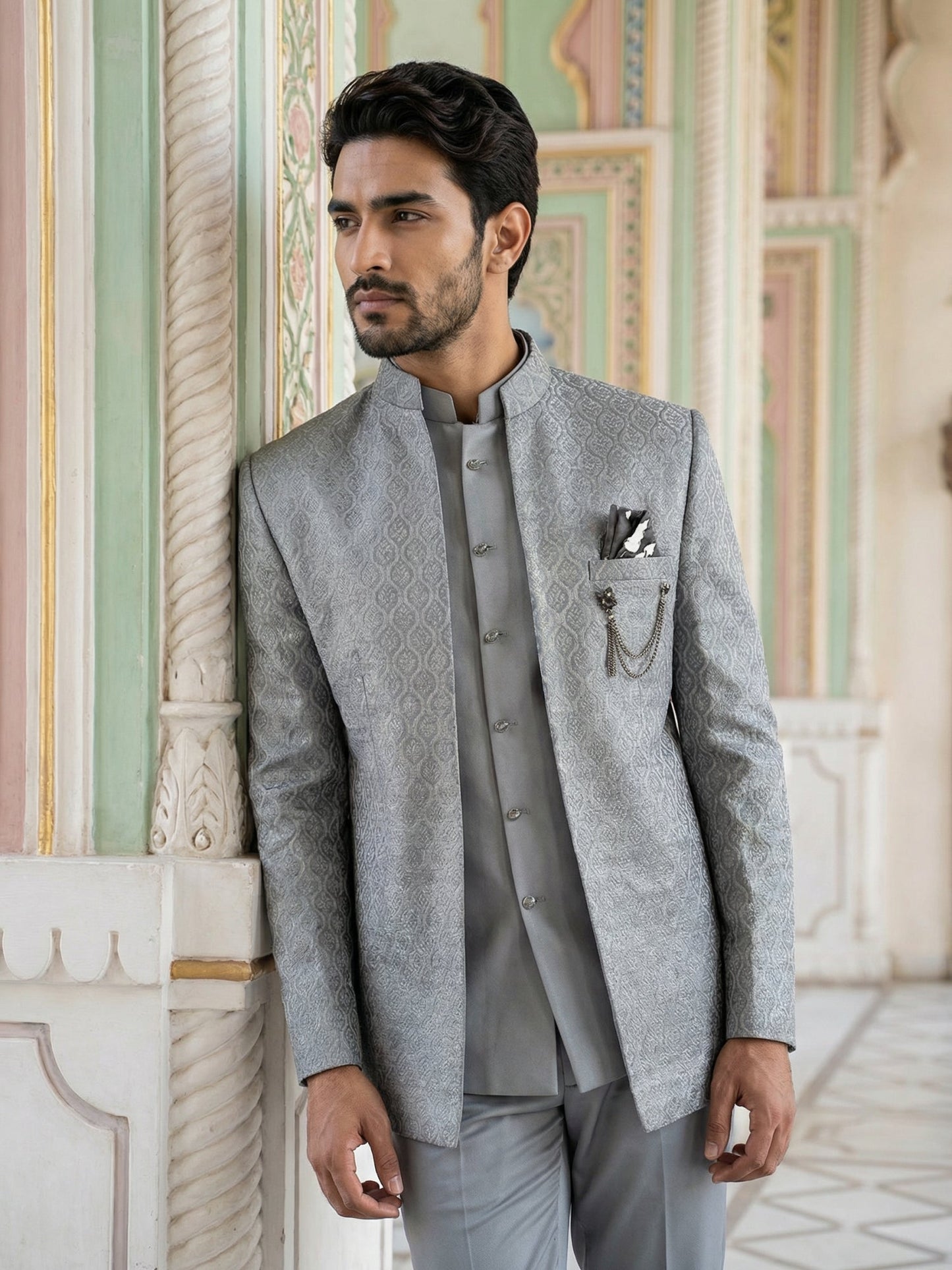 Men Woven Jacquard Indo-Western Set ( 50JIND 155Grey S )